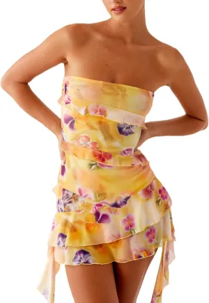 Formal Floral Strapless Mini Dress Y2k Bodycon Ruffle Hem Party Tube Dress Elegant Backless Short Dresses for Women