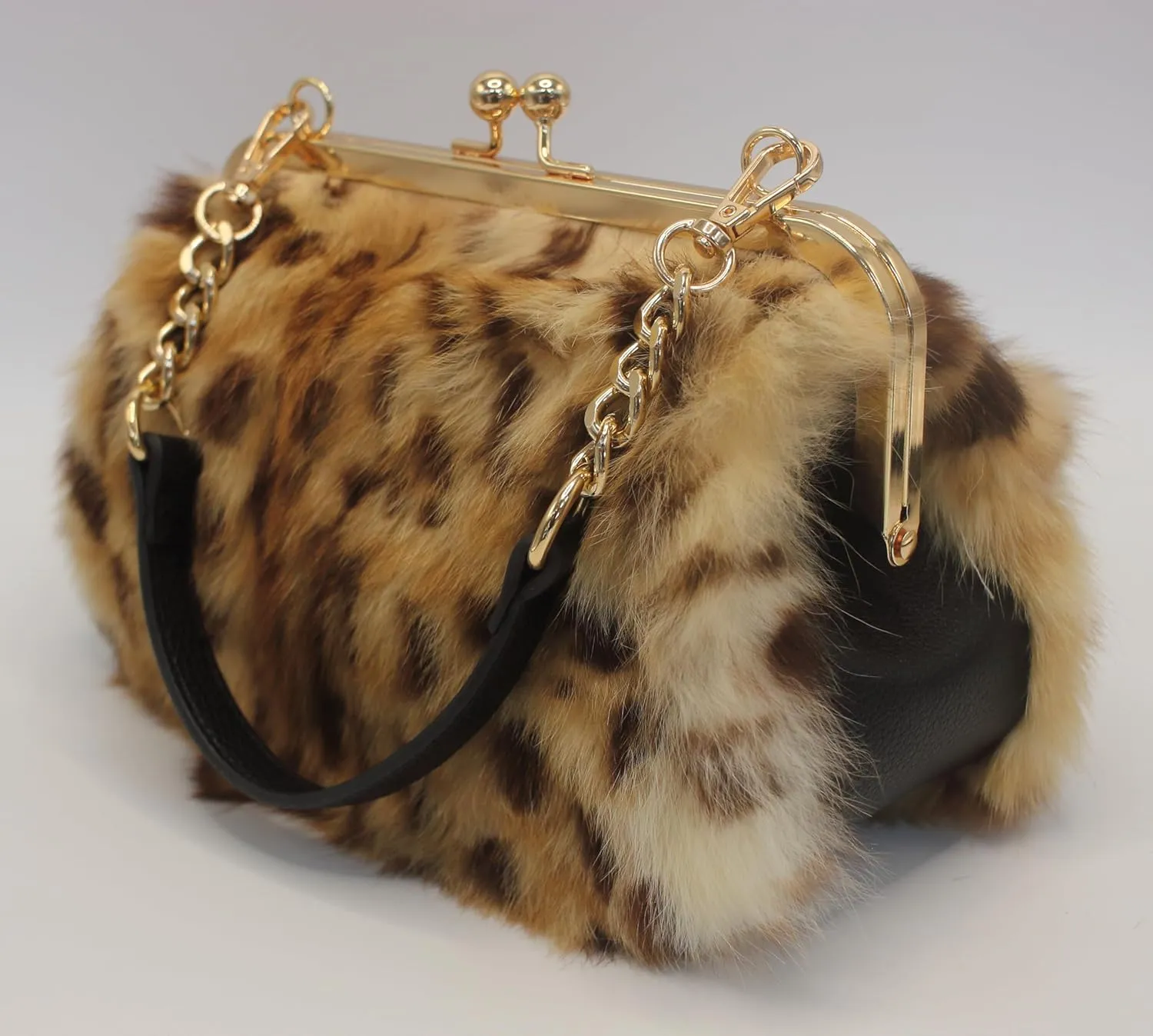Fosrion Elegant Leopard Print Rex Rabbit Fur Handbag with Interchangeable Straps for Women, Versatile Clutch and Shoulder Bag
