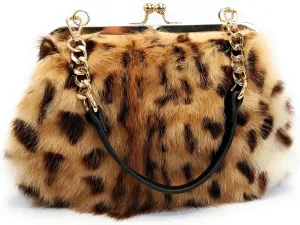 Fosrion Elegant Leopard Print Rex Rabbit Fur Handbag with Interchangeable Straps for Women, Versatile Clutch and Shoulder Bag