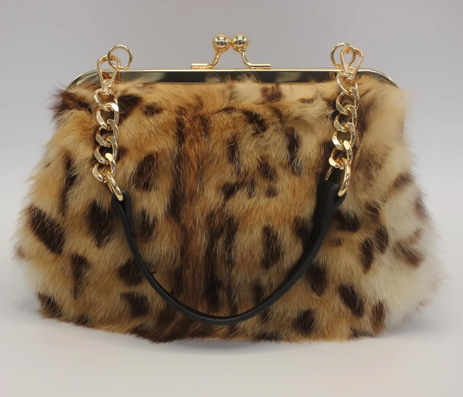 Fosrion Elegant Leopard Print Rex Rabbit Fur Handbag with Interchangeable Straps for Women, Versatile Clutch and Shoulder Bag