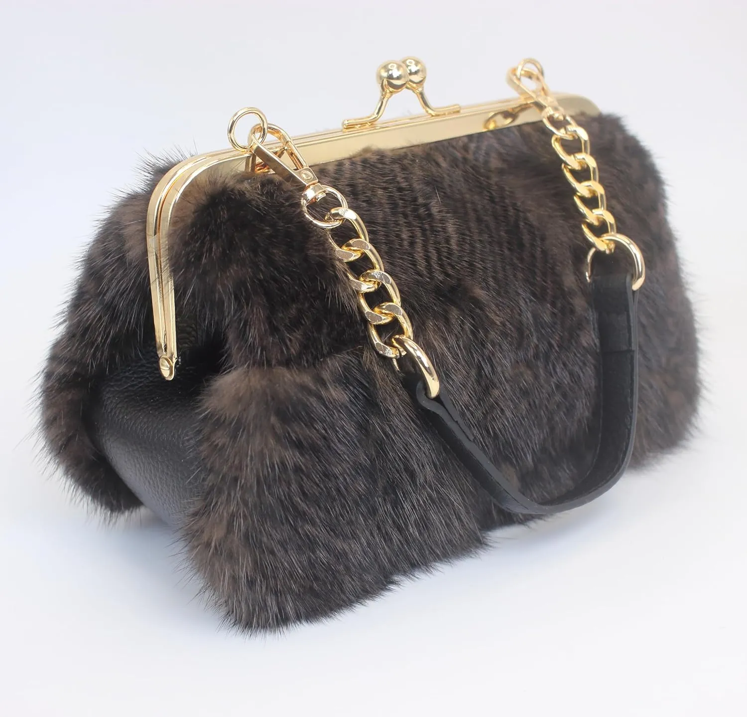 Fosrion Luxury Genuine Mink Fur Handbag - Small Kiss Lock Frame Purse with Gold Chain Strap, Elegant Shoulder & Evening Bag