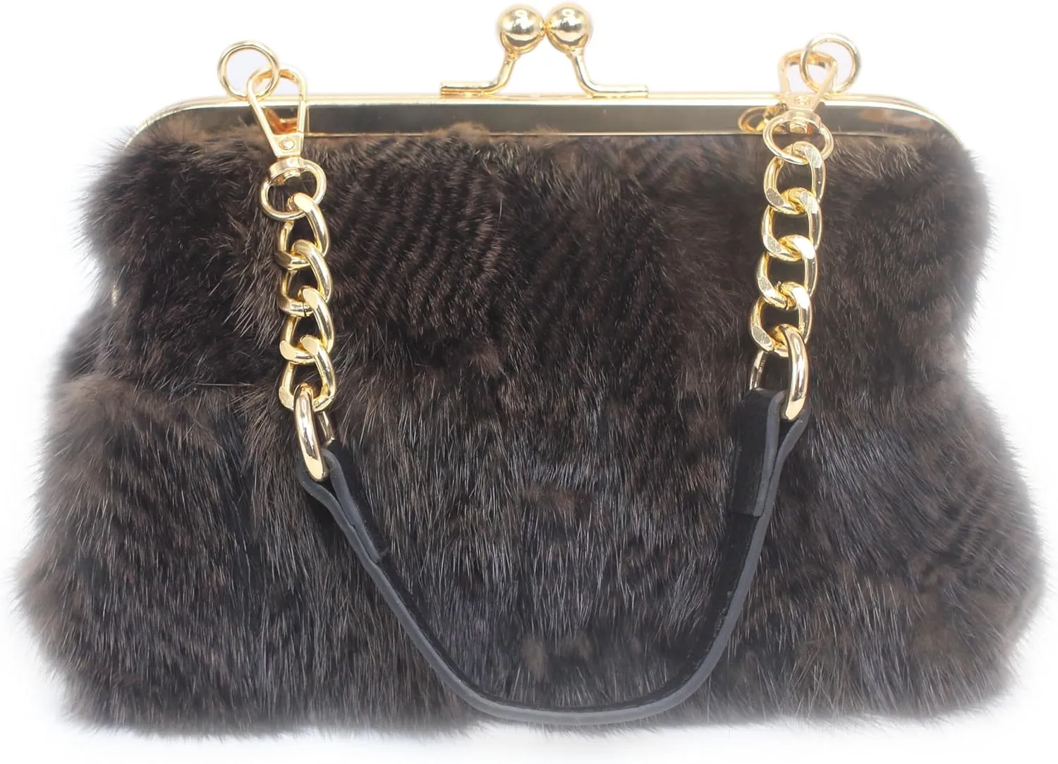 Fosrion Luxury Genuine Mink Fur Handbag - Small Kiss Lock Frame Purse with Gold Chain Strap, Elegant Shoulder & Evening Bag