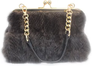 Fosrion Luxury Genuine Mink Fur Handbag - Small Kiss Lock Frame Purse with Gold Chain Strap, Elegant Shoulder & Evening Bag