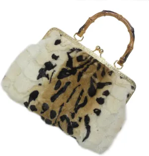 Fosrion Women's Genuine Mink Fur Animal Print Clutch Handbag with Kisslock Frame and Faux Wood Handle