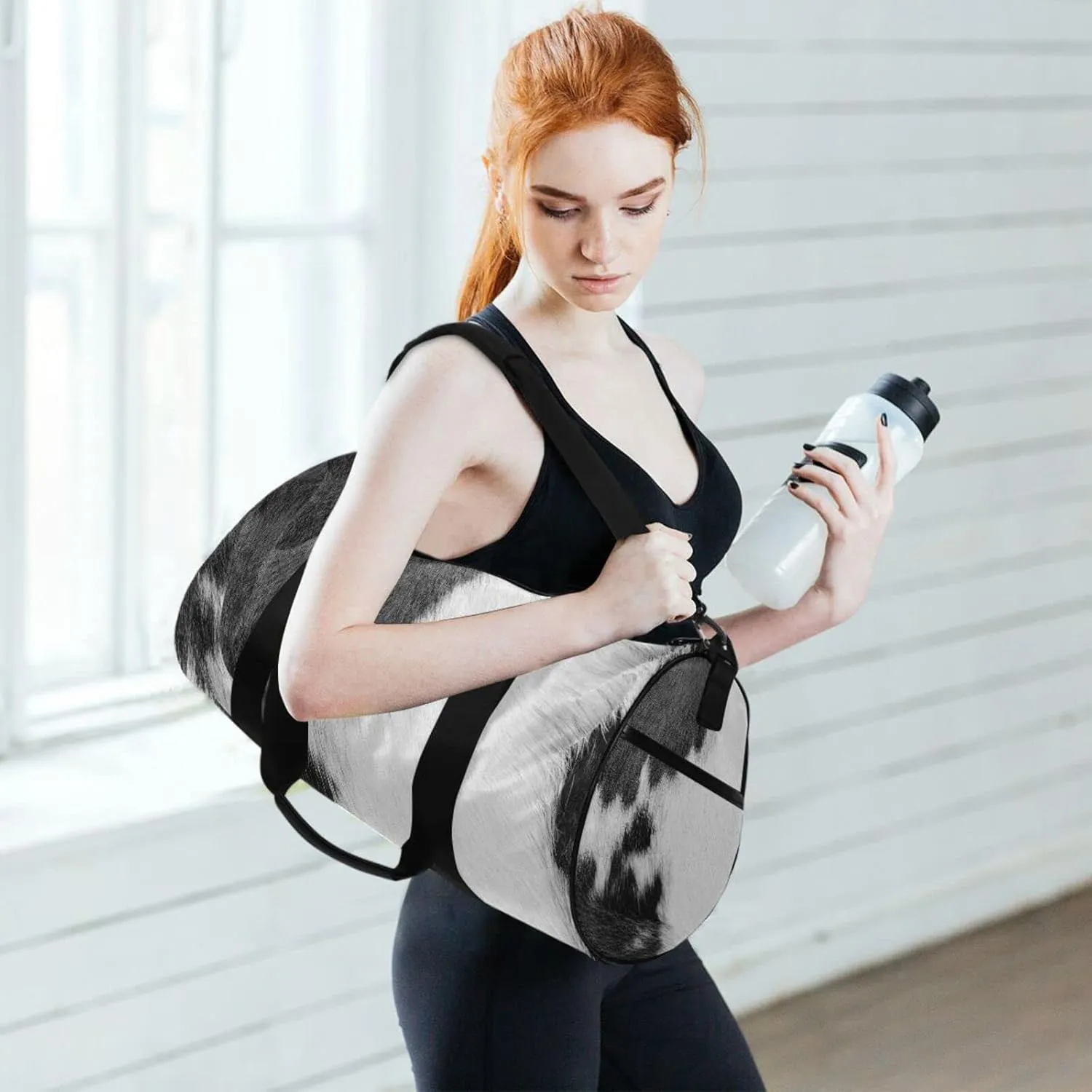 Fragment of a Skin of a Cow Black White Real Animal Skin Duffel Bag, Foldable Canvas Travel Tote for Gym Sports with Inner Pockets, Durable Lightweight Fitness Bag for Overnight Workout