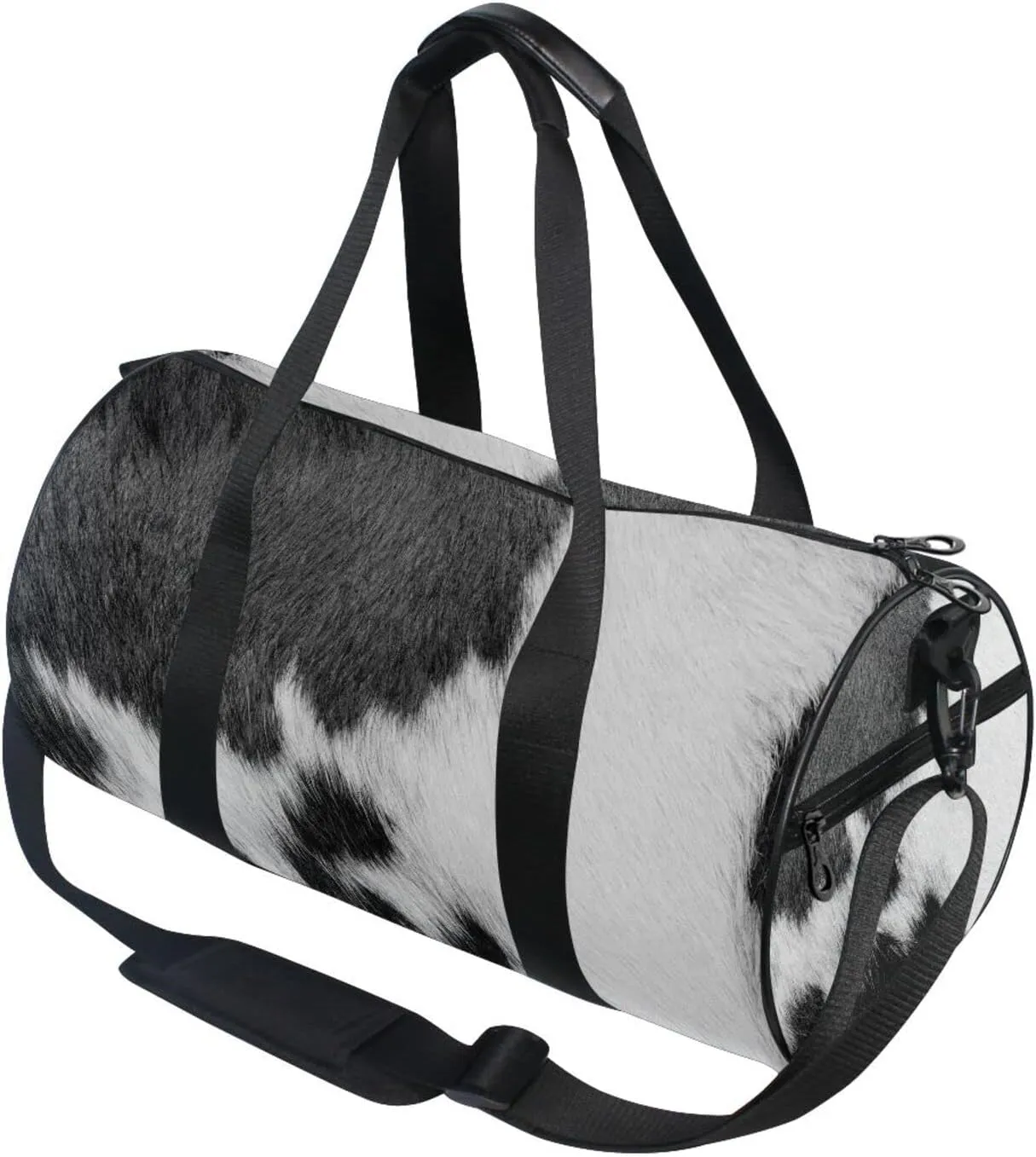 Fragment of a Skin of a Cow Black White Real Animal Skin Duffel Bag, Foldable Canvas Travel Tote for Gym Sports with Inner Pockets, Durable Lightweight Fitness Bag for Overnight Workout