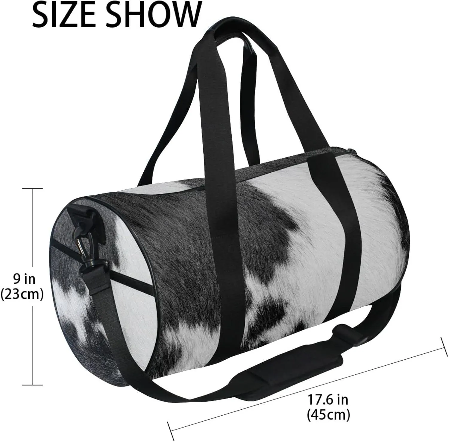 Fragment of a Skin of a Cow Black White Real Animal Skin Duffel Bag, Foldable Canvas Travel Tote for Gym Sports with Inner Pockets, Durable Lightweight Fitness Bag for Overnight Workout