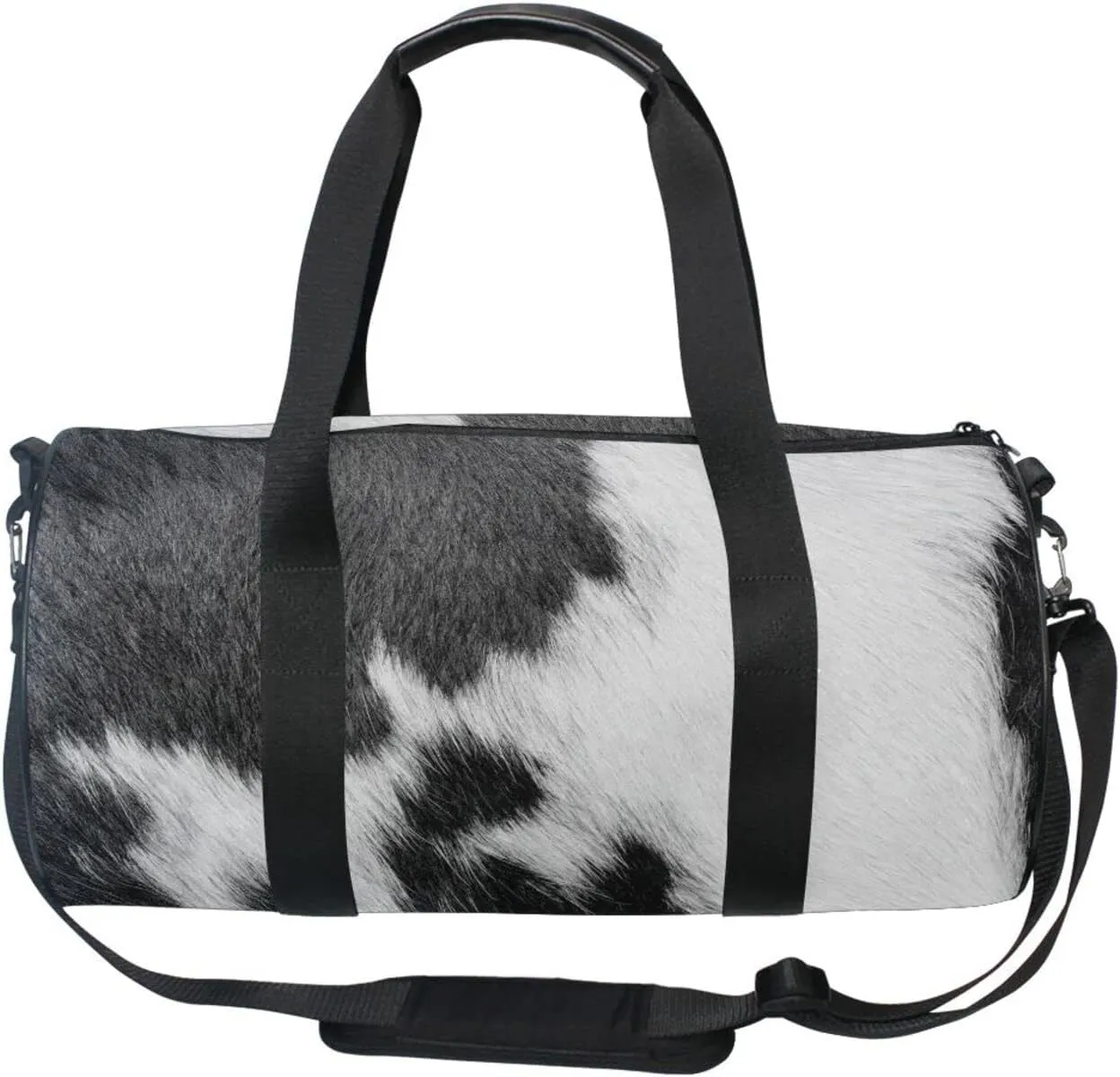 Fragment of a Skin of a Cow Black White Real Animal Skin Duffel Bag, Foldable Canvas Travel Tote for Gym Sports with Inner Pockets, Durable Lightweight Fitness Bag for Overnight Workout