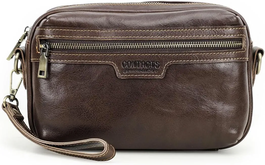 Full Grain Leather Clutch Bag for Men Small Crossbody Bag Clutch Wallet Wristlet Purse Travel Crossbody Purse