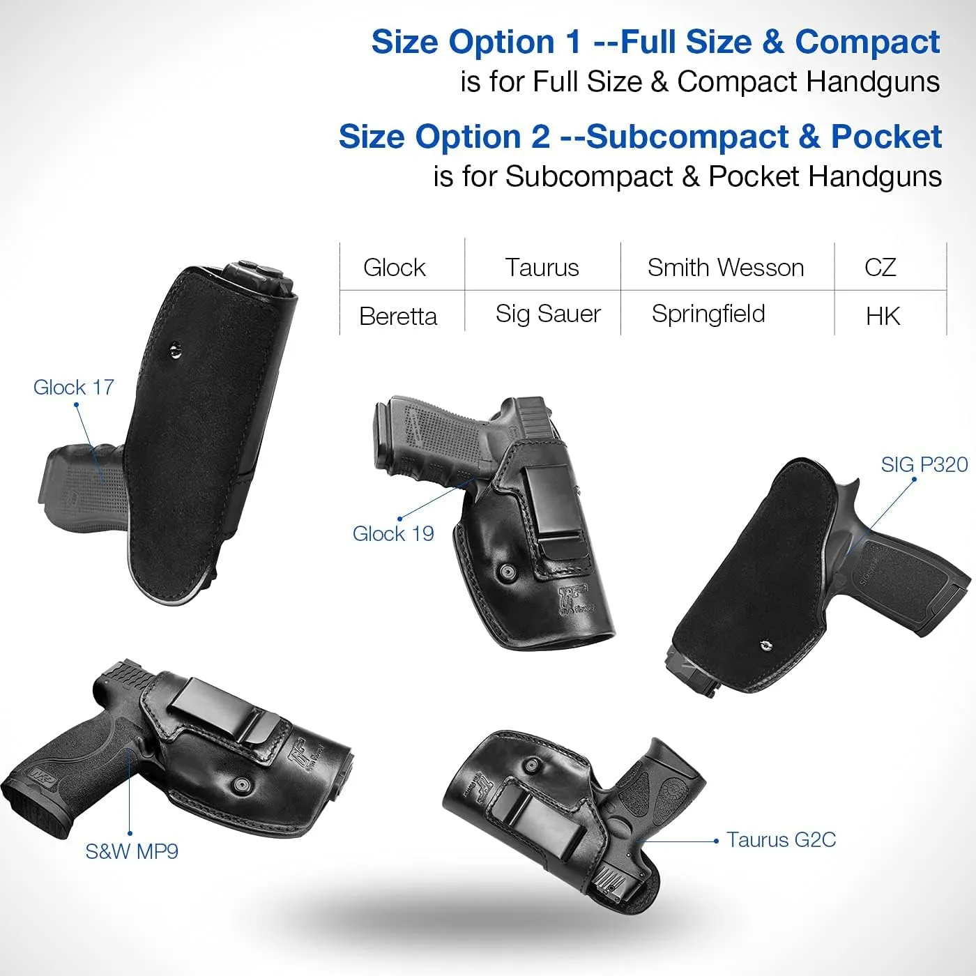 Full Grain Leather Holster Compatible with Glock 17/19/ 19X/ 43X/ 43X MOS, Taurus G2C/G3C, Sig P320 / M17/ M18/ P365X, M&P 9 Shield Plus, Hellcat and Other Full Size Compact Subcompact Pocket Handguns