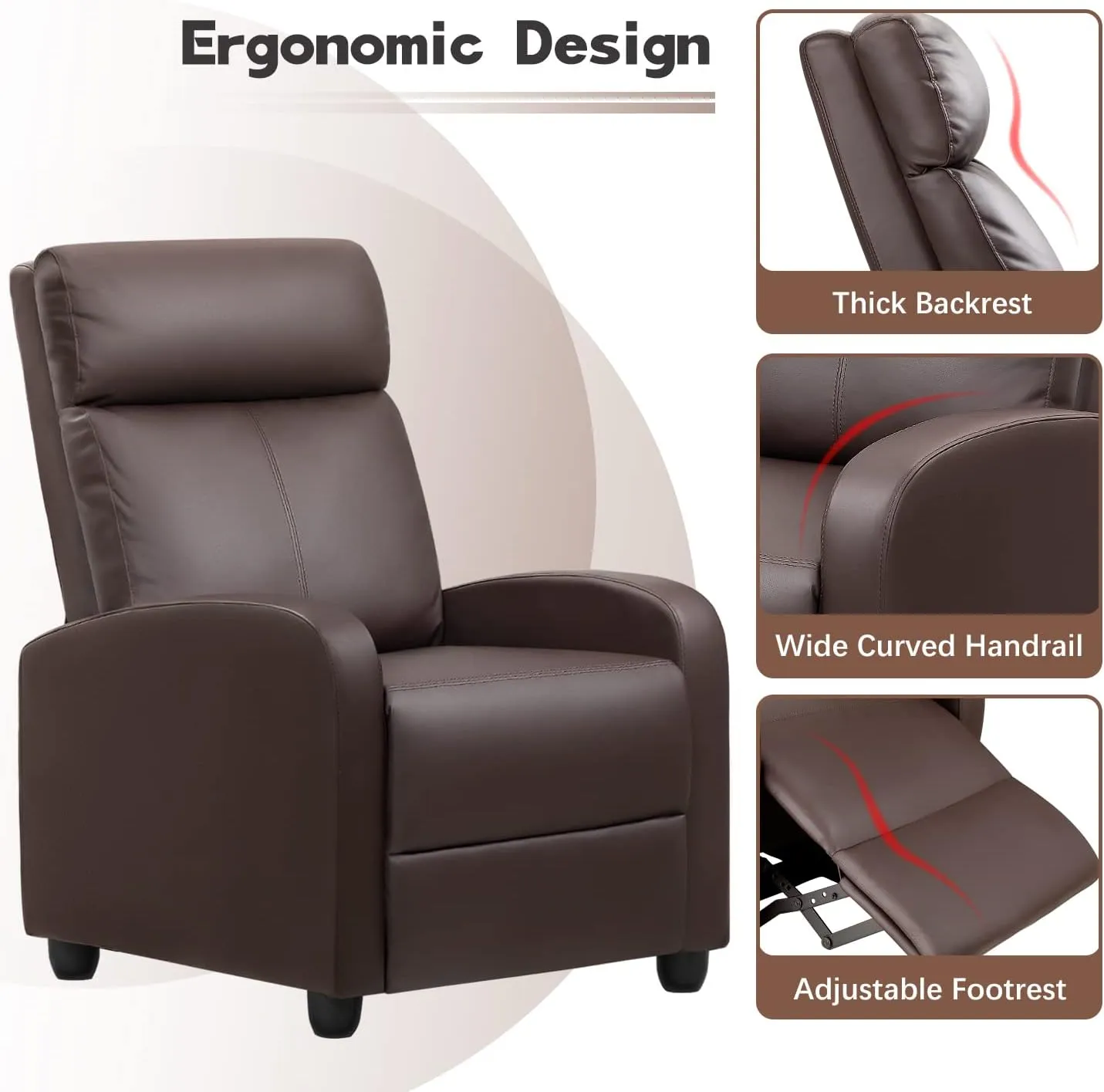 Furniwell Massage Recliner Chair for Living Room Adjustable PU Leather Reclining Chair Home Theater Seating Modern Winback Single Sofa for Adults with Footrest (Leather, Brown)