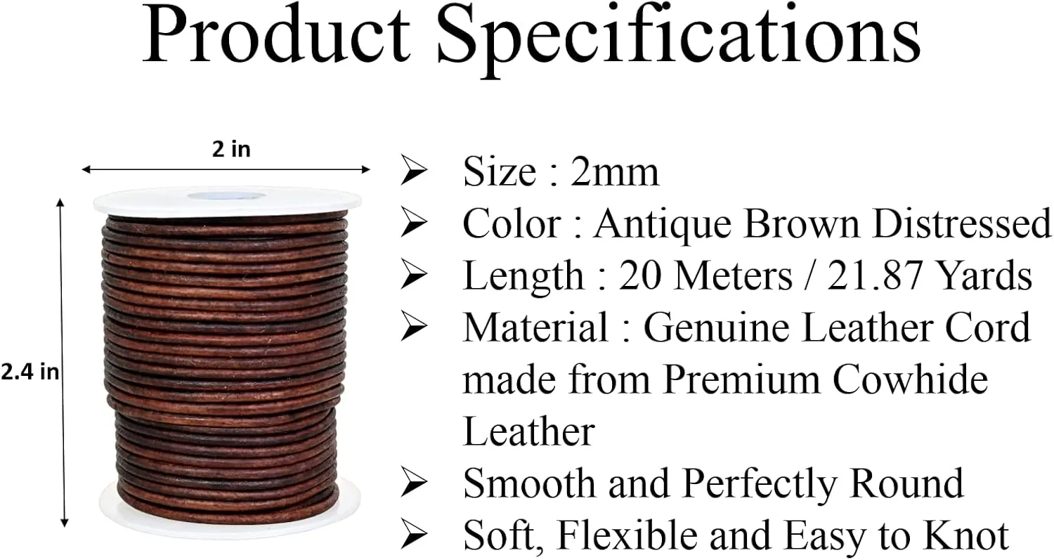GENIQUE Real/Genuine Round Leather Cord for Jewelry Making, Leather String Cord for Crafting, Necklace, Bracelets, Braiding, Wraps (2mm, Antique Brown Distressed)