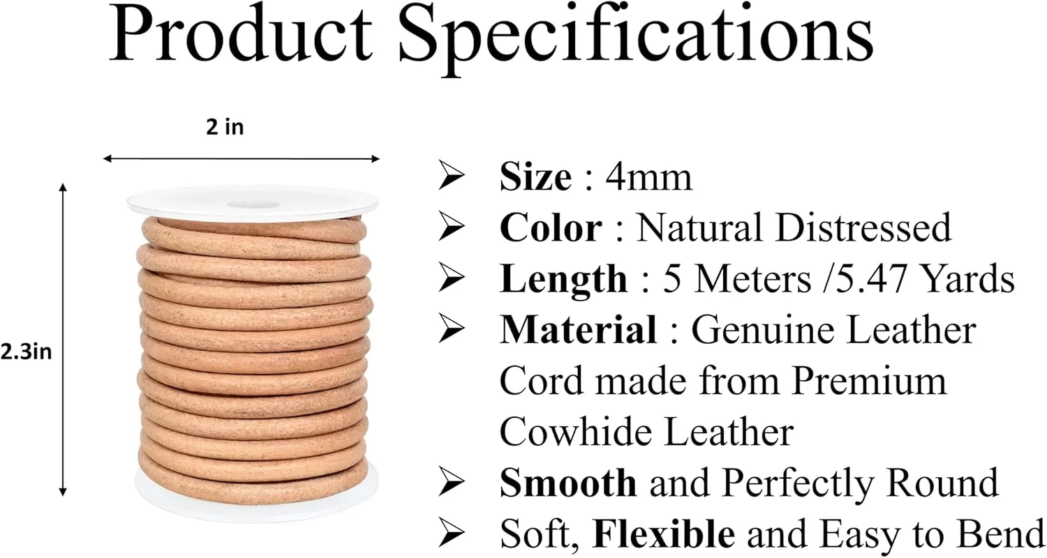 GENIQUE Real/Genuine Round Leather String Cord for Necklace, Bracelets, Jewellery, Braiding (Natural Distressed, 4mm)