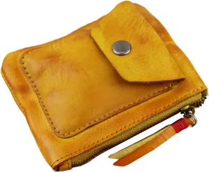 Genuine cowhide - Coin Purse for Men & Women - Leather Coin Pouch - Zipper Coin Purse Wallet - Leather Zipper Storage Bag - Coin Organizer (Yellow-brown)