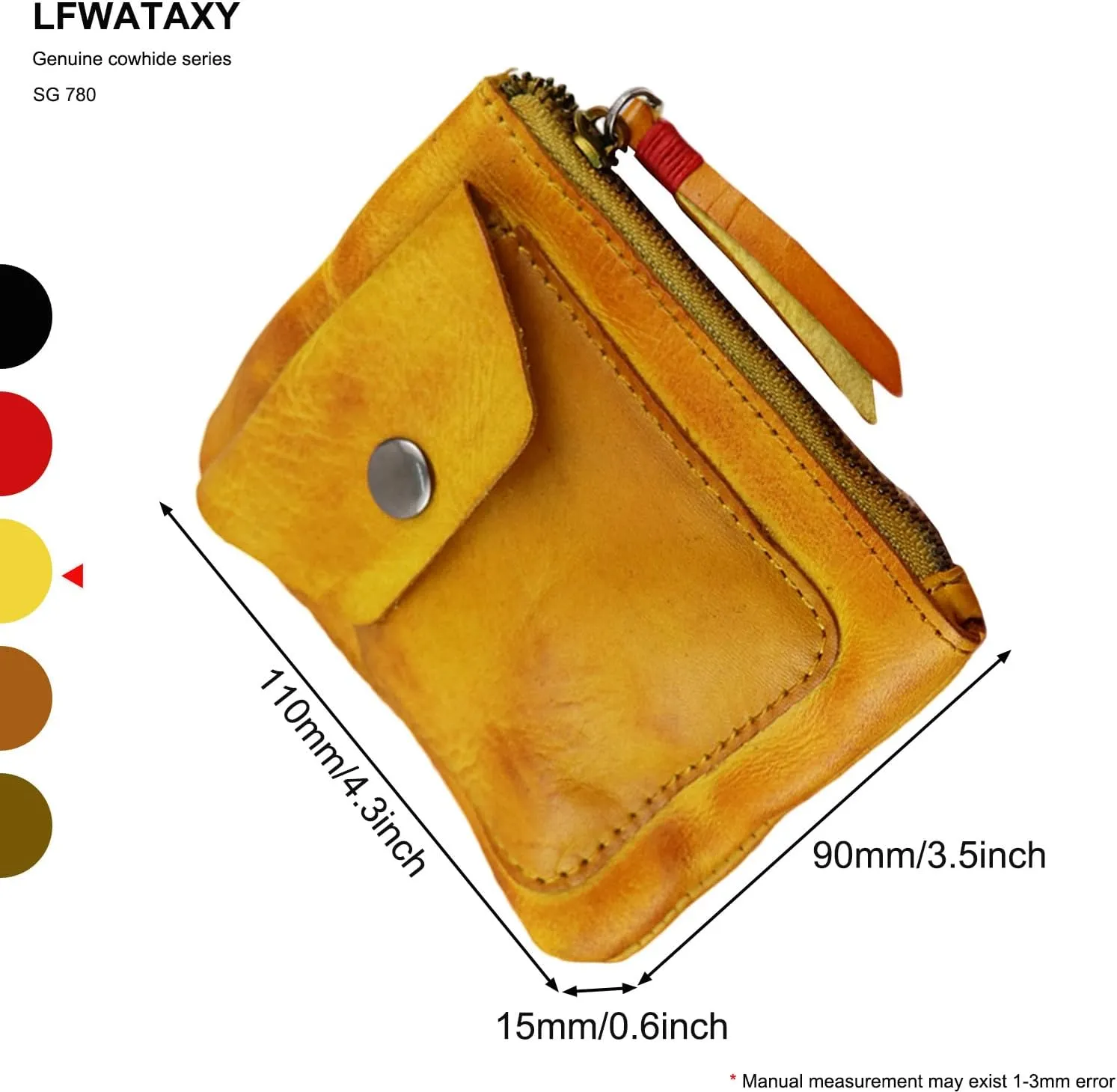 Genuine cowhide - Coin Purse for Men & Women - Leather Coin Pouch - Zipper Coin Purse Wallet - Leather Zipper Storage Bag - Coin Organizer (Yellow-brown)