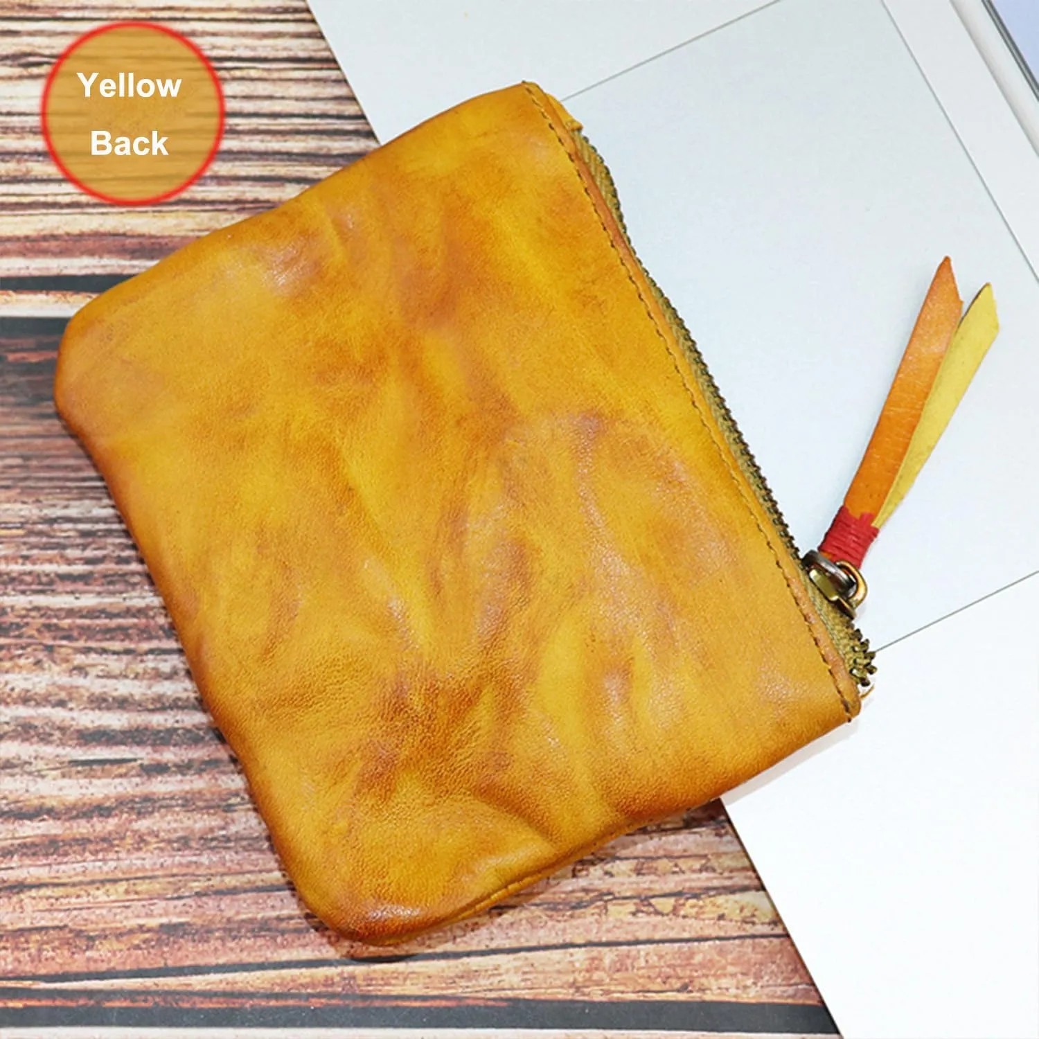 Genuine cowhide - Coin Purse for Men & Women - Leather Coin Pouch - Zipper Coin Purse Wallet - Leather Zipper Storage Bag - Coin Organizer (Yellow-brown)