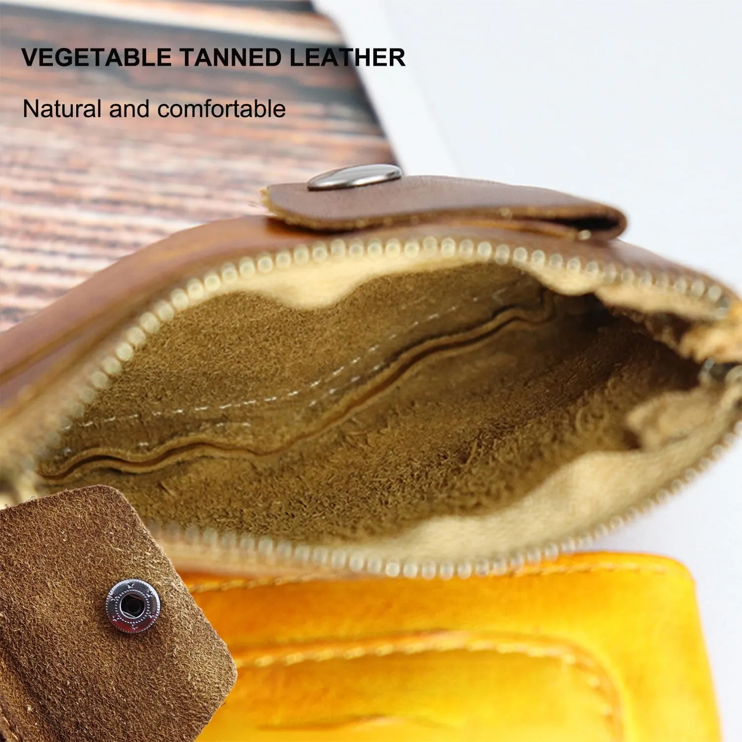 Genuine cowhide - Coin Purse for Men & Women - Leather Coin Pouch - Zipper Coin Purse Wallet - Leather Zipper Storage Bag - Coin Organizer (Yellow-brown)
