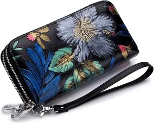 Genuine Leather Double Zipped Wallet Wristlet for Women, RFID Blocking Double Zipped Floral Hand Painted Embossed Large Capacity Clutch Purse (Double Zipped - Mangolia)