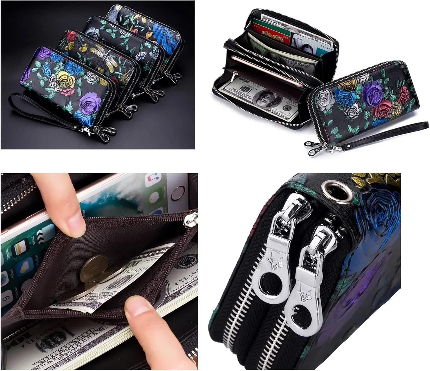 Genuine Leather Double Zipped Wallet Wristlet for Women, RFID Blocking Double Zipped Floral Hand Painted Embossed Large Capacity Clutch Purse (Double Zipped - Mangolia)