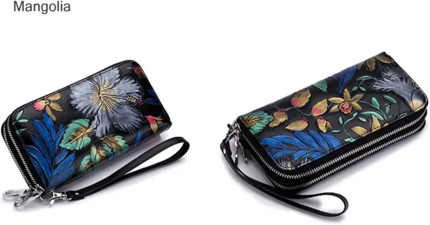 Genuine Leather Double Zipped Wallet Wristlet for Women, RFID Blocking Double Zipped Floral Hand Painted Embossed Large Capacity Clutch Purse (Double Zipped - Mangolia)