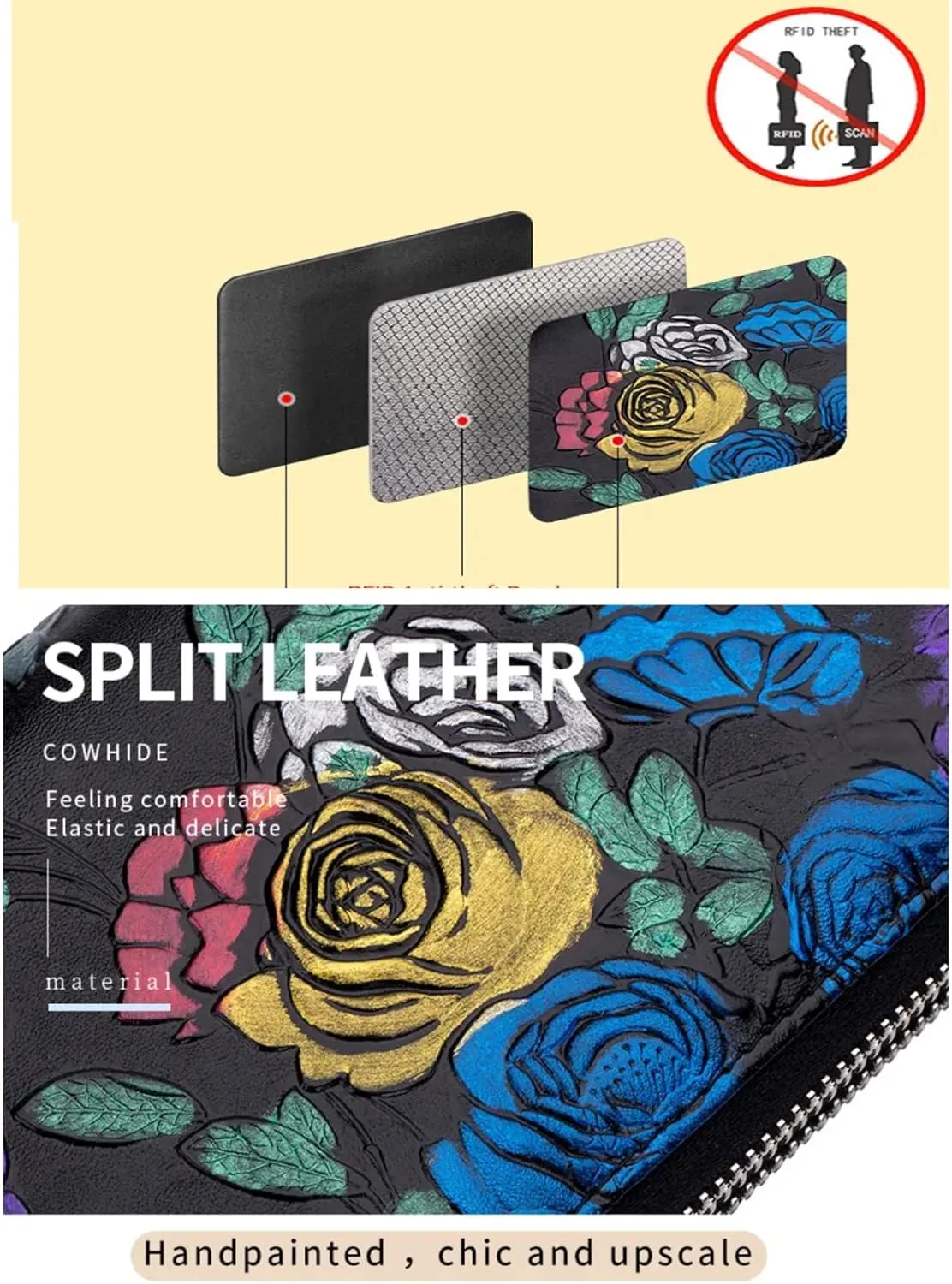 Genuine Leather Double Zipped Wallet Wristlet for Women, RFID Blocking Double Zipped Floral Hand Painted Embossed Large Capacity Clutch Purse (Double Zipped - Mangolia)