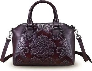 Genuine Leather Purses and Handbags for Women Vintage Embossed Leather Top Handle Bag Satchel Crossbody Shoulder Bag Strap