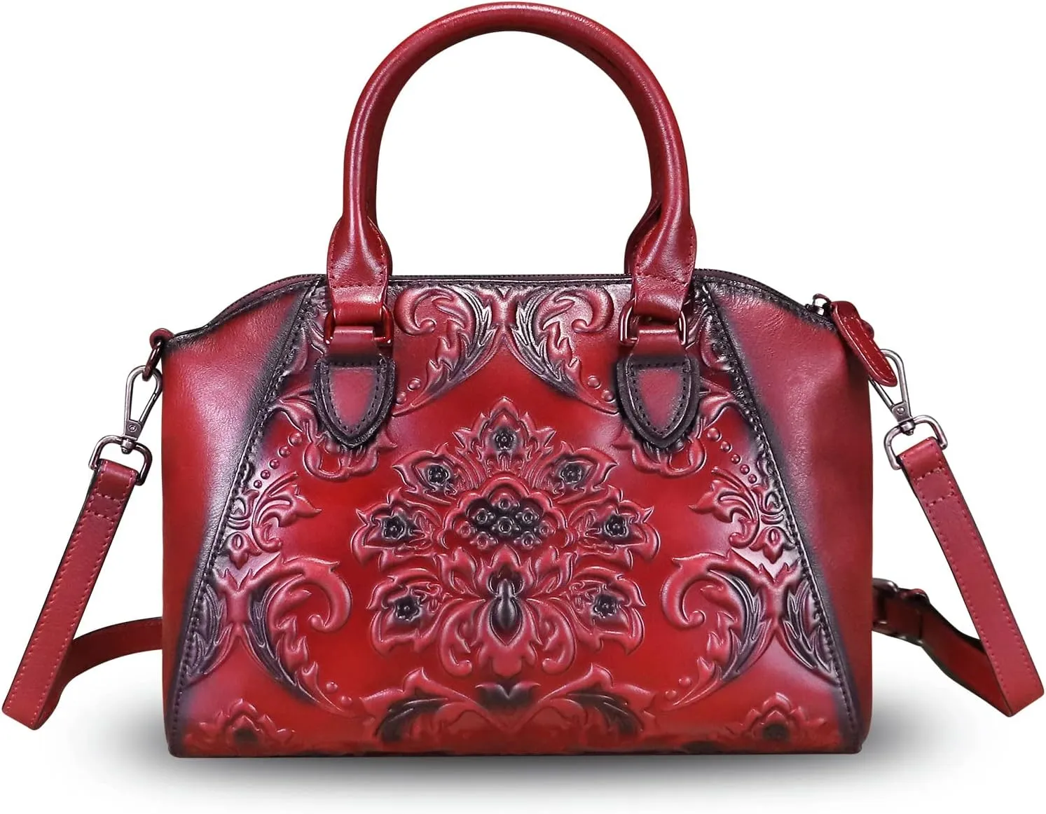 Genuine Leather Purses and Handbags for Women Vintage Embossed Leather Top Handle Bag Satchel Crossbody Shoulder Bag Strap