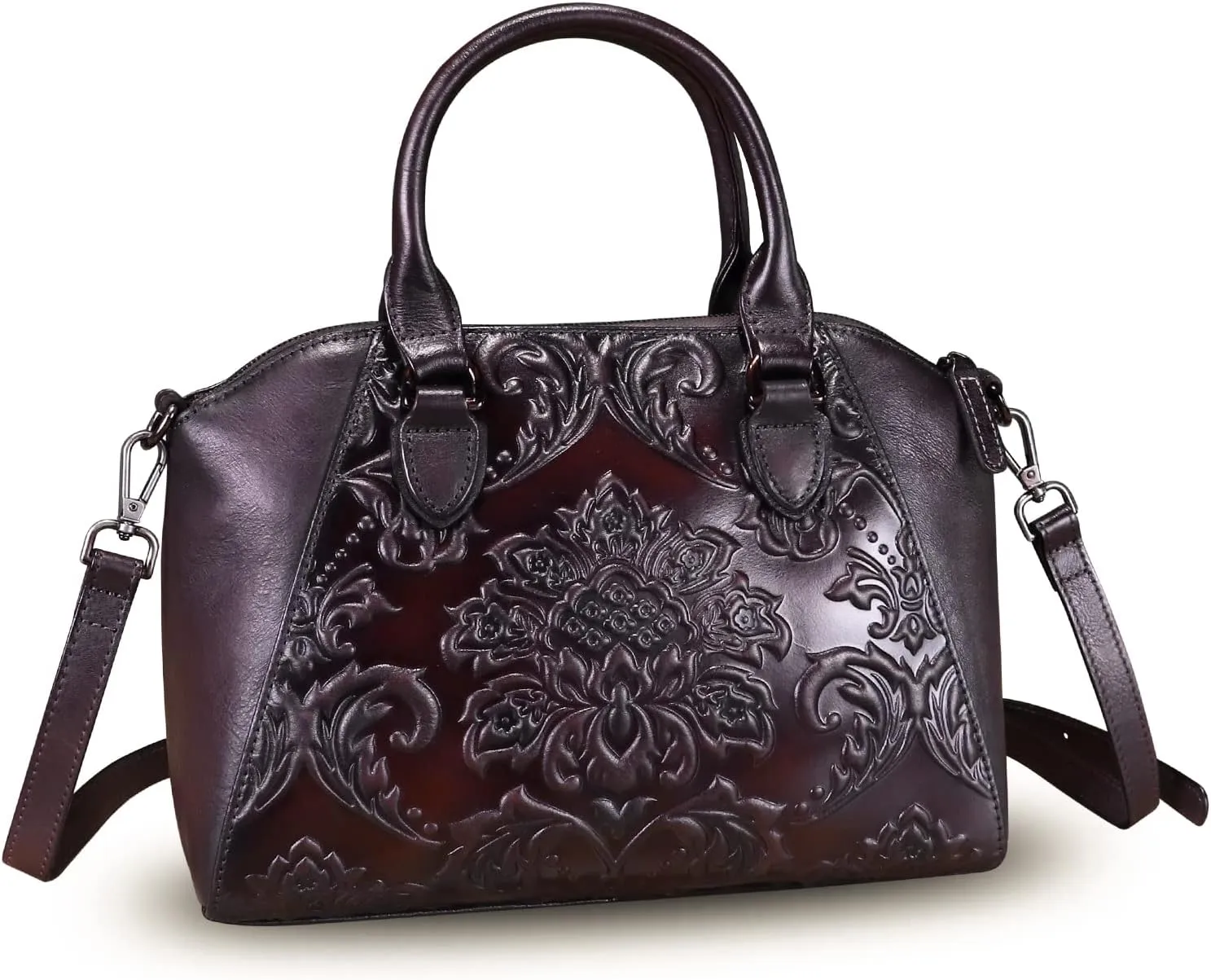Genuine Leather Purses and Handbags for Women Vintage Embossed Leather Top Handle Bag Satchel Crossbody Shoulder Bag Strap