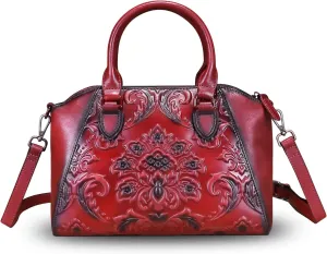 Genuine Leather Purses and Handbags for Women Vintage Embossed Leather Top Handle Bag Satchel Crossbody Shoulder Bag Strap