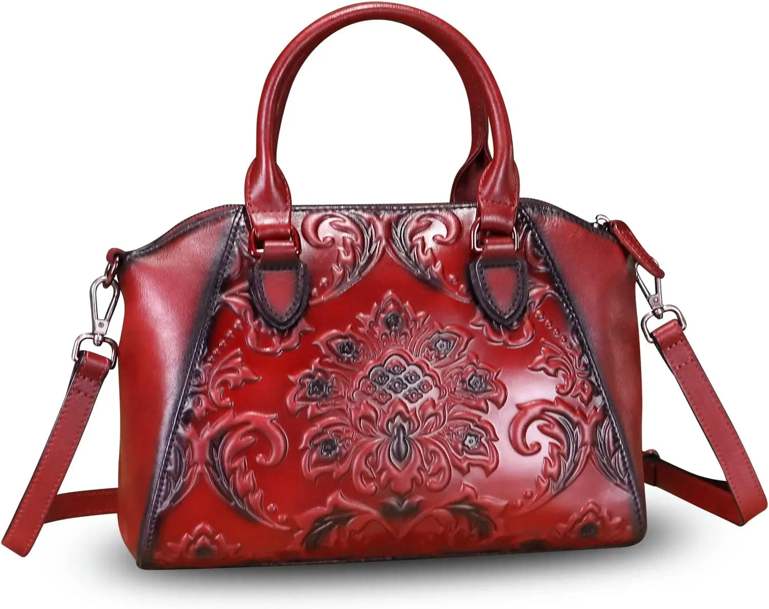 Genuine Leather Purses and Handbags for Women Vintage Embossed Leather Top Handle Bag Satchel Crossbody Shoulder Bag Strap