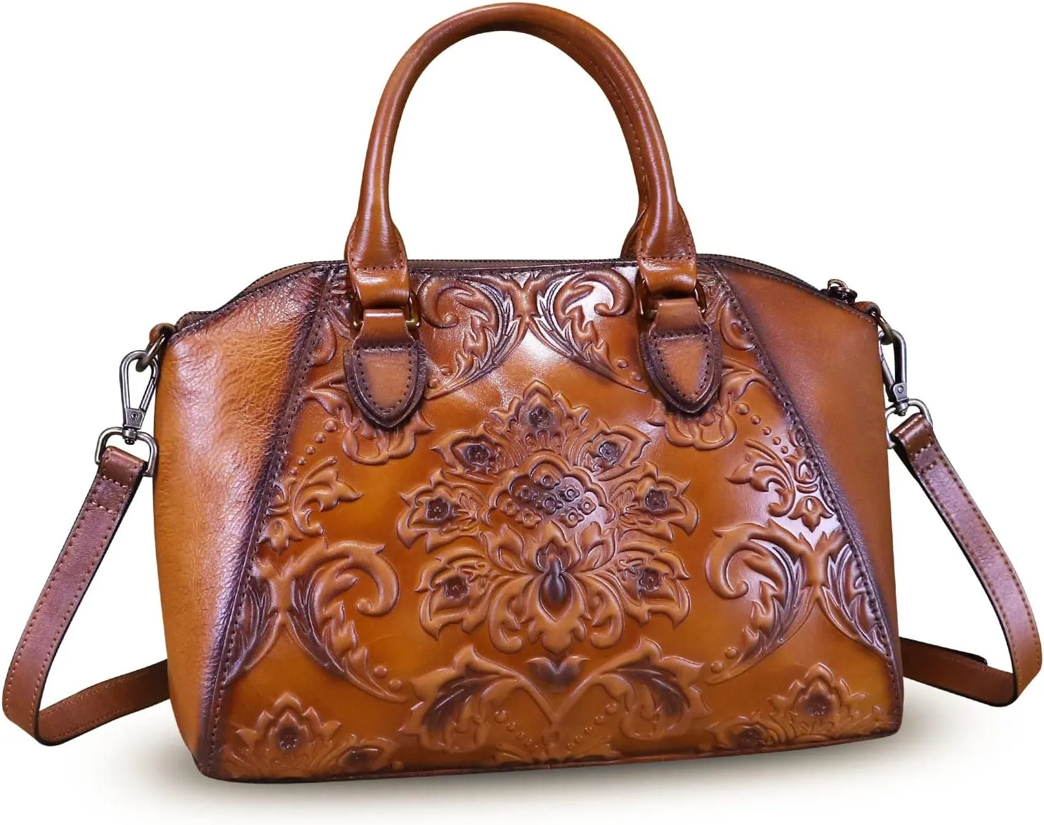 Genuine Leather Purses and Handbags for Women Vintage Embossed Leather Top Handle Bag Satchel Crossbody Shoulder Bag Strap