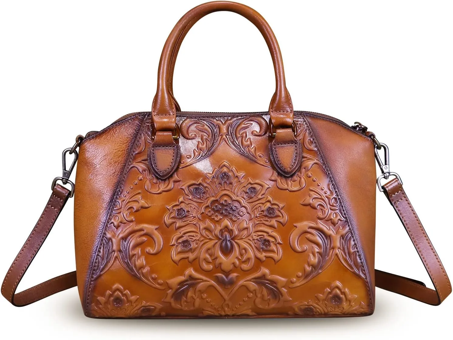 Genuine Leather Purses and Handbags for Women Vintage Embossed Leather Top Handle Bag Satchel Crossbody Shoulder Bag Strap