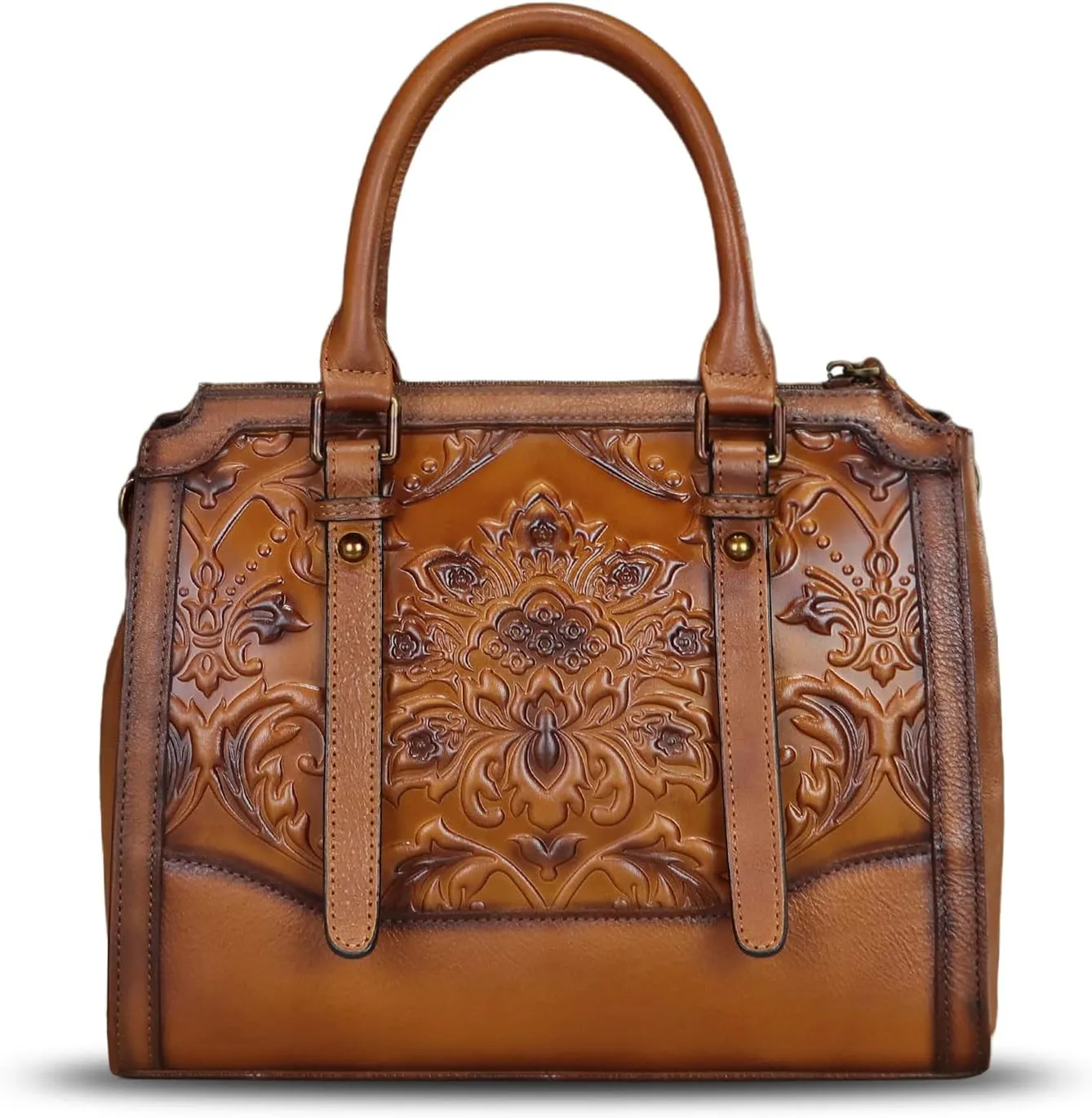 Genuine Leather Purses and Handbags for Women Vintage Embossed Leather Top Handle Satchel Crossbody Shoulder Bag with Strap