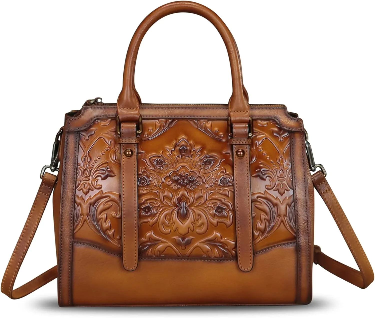 Genuine Leather Purses and Handbags for Women Vintage Embossed Leather Top Handle Satchel Crossbody Shoulder Bag with Strap