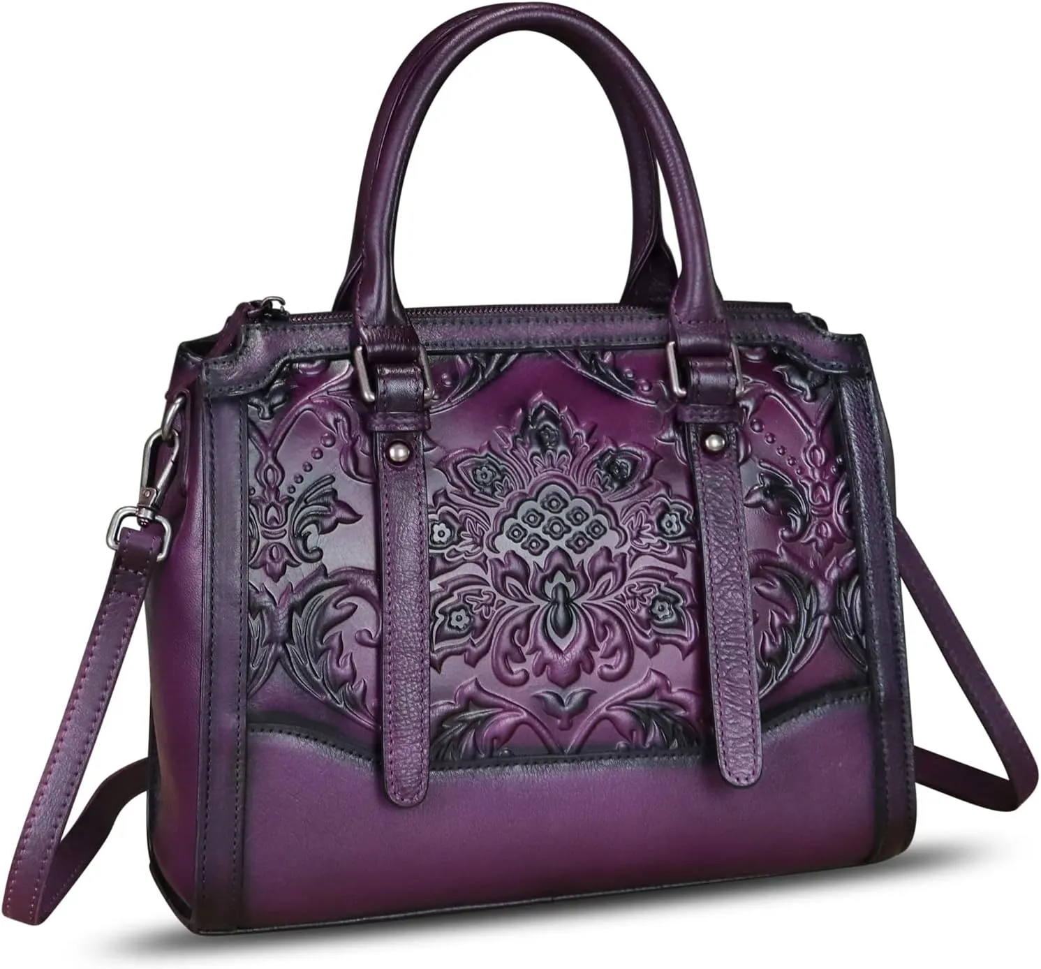 Genuine Leather Purses and Handbags for Women Vintage Embossed Leather Top Handle Satchel Crossbody Shoulder Bag with Strap