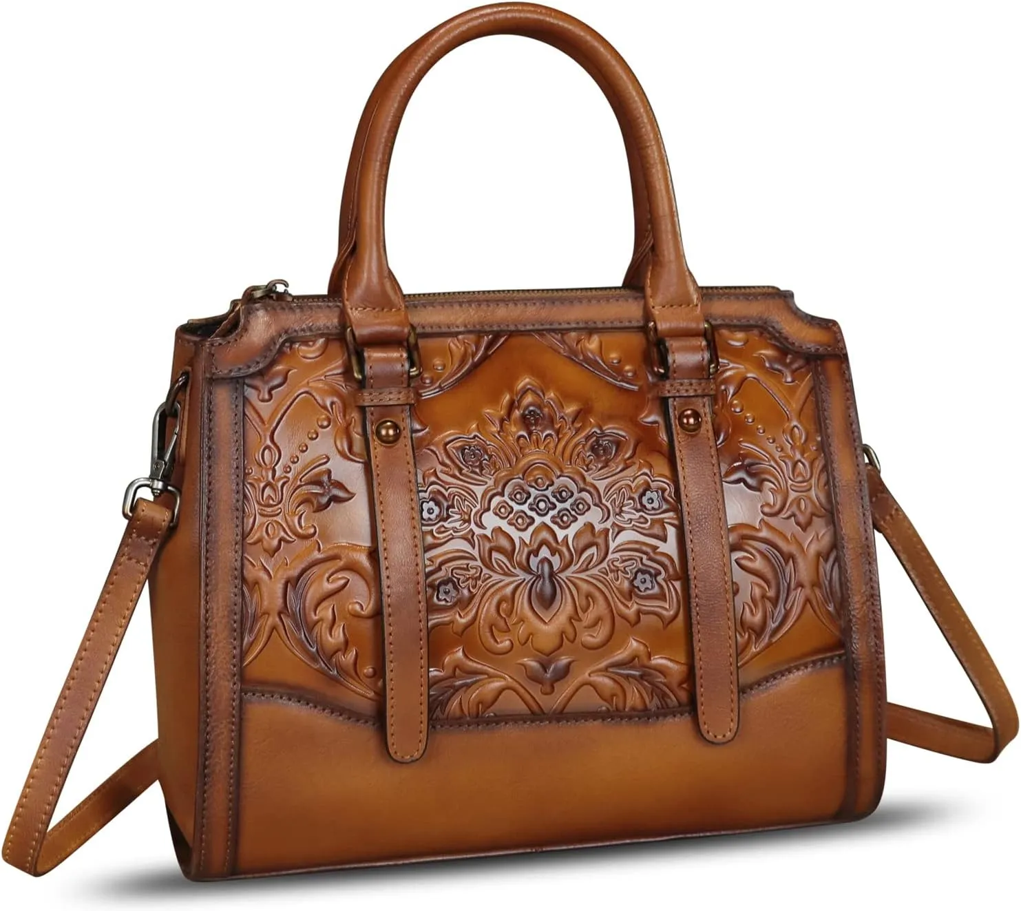 Genuine Leather Purses and Handbags for Women Vintage Embossed Leather Top Handle Satchel Crossbody Shoulder Bag with Strap