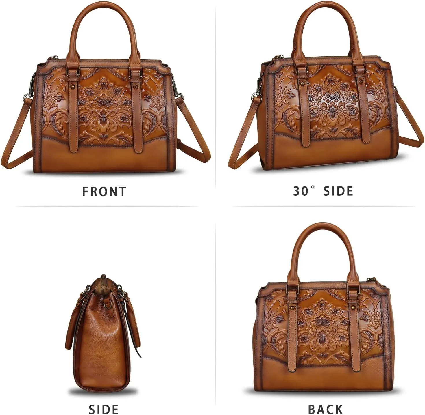 Genuine Leather Purses and Handbags for Women Vintage Embossed Leather Top Handle Satchel Crossbody Shoulder Bag with Strap