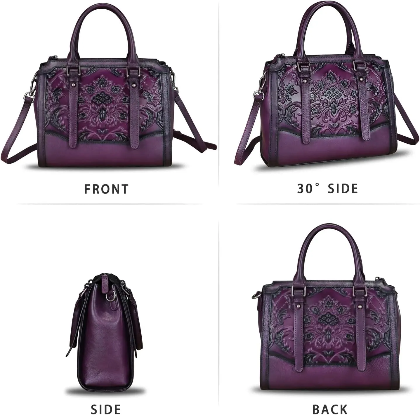 Genuine Leather Purses and Handbags for Women Vintage Embossed Leather Top Handle Satchel Crossbody Shoulder Bag with Strap