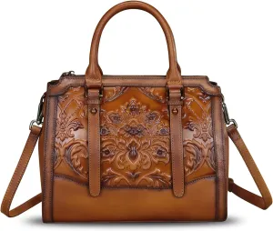 Genuine Leather Purses and Handbags for Women Vintage Embossed Leather Top Handle Satchel Crossbody Shoulder Bag with Strap