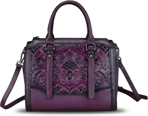 Genuine Leather Purses and Handbags for Women Vintage Embossed Leather Top Handle Satchel Crossbody Shoulder Bag with Strap