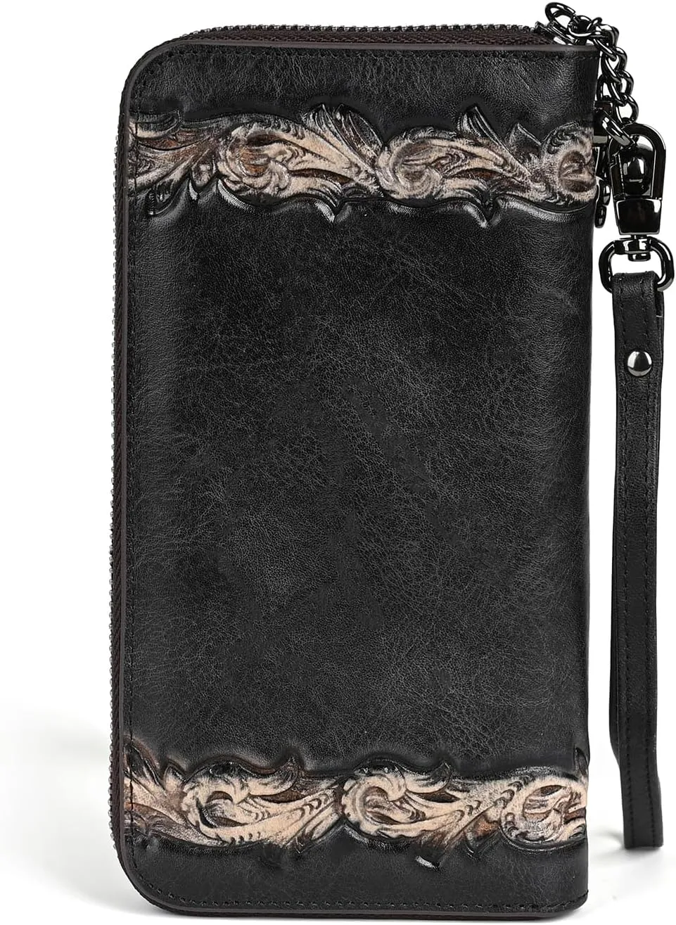 Genuine Leather Women's Wallet Flower Pattern Wristlet Long Wallet Card Holder (Black)