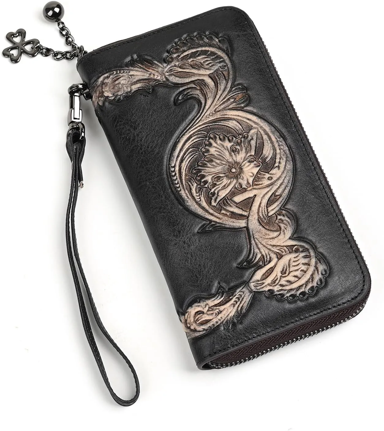 Genuine Leather Women's Wallet Flower Pattern Wristlet Long Wallet Card Holder (Black)