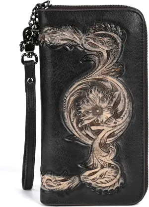 Genuine Leather Women's Wallet Flower Pattern Wristlet Long Wallet Card Holder (Black)