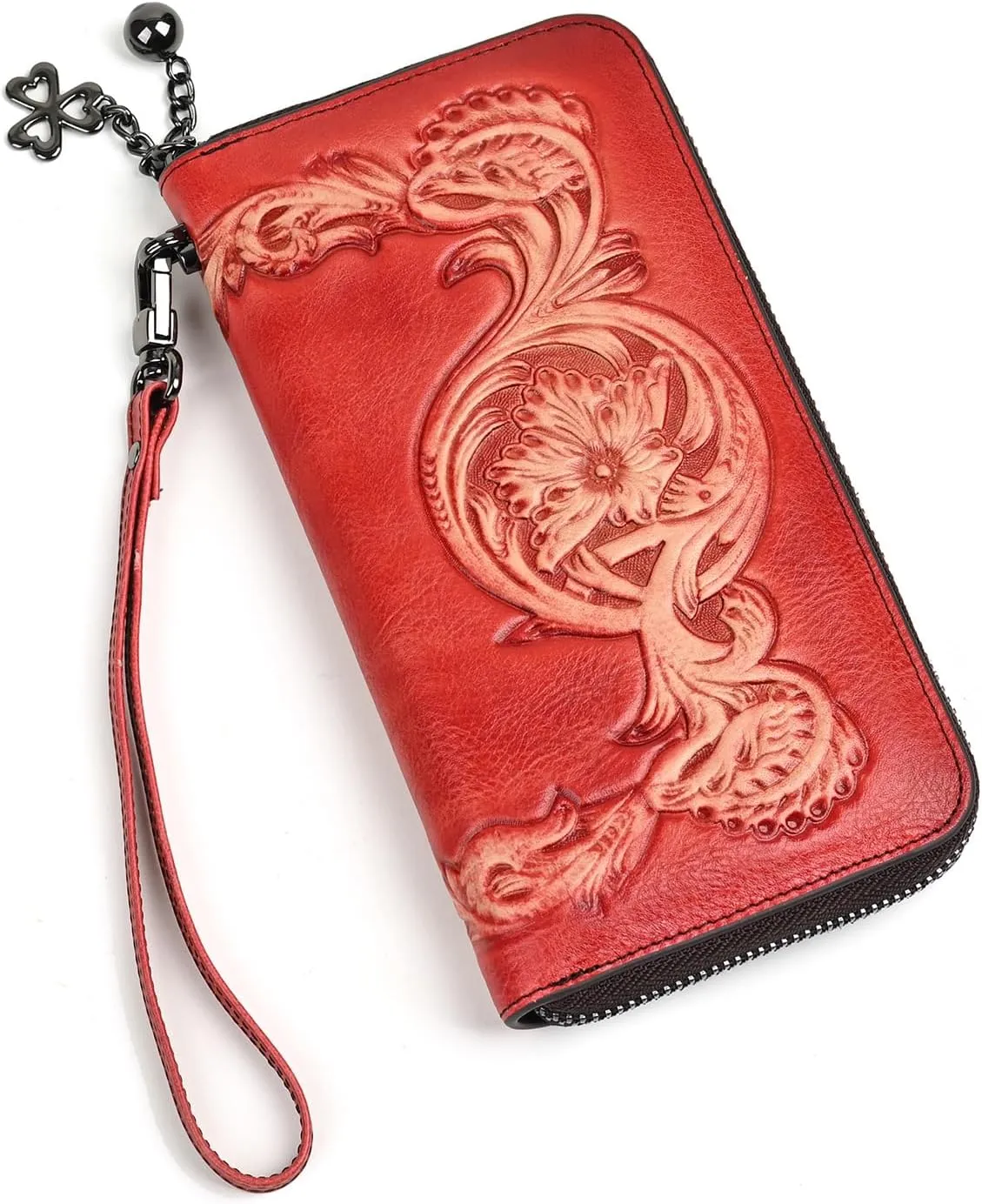 Genuine Leather Women's Wallet Flower Pattern Wristlet Long Wallet Card Holder (Red)