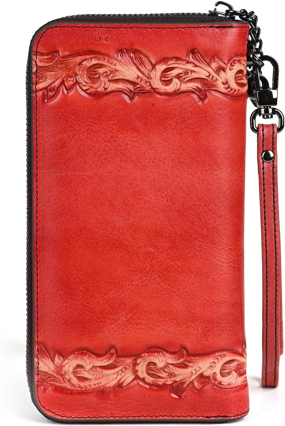 Genuine Leather Women's Wallet Flower Pattern Wristlet Long Wallet Card Holder (Red)