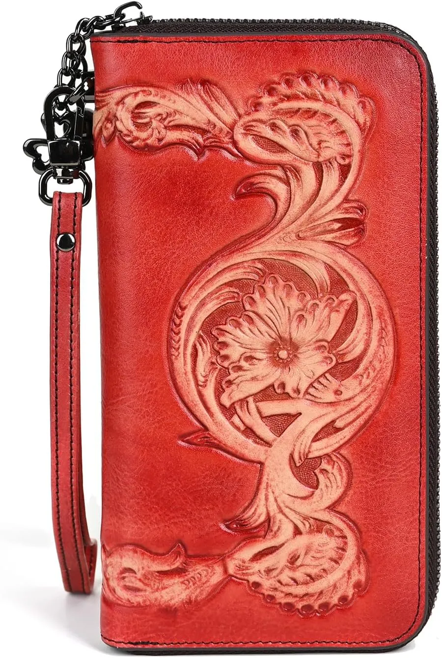 Genuine Leather Women's Wallet Flower Pattern Wristlet Long Wallet Card Holder (Red)