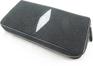 Genuine Stingray Skin Women's Zip Around Clutch Wallet Purse Black