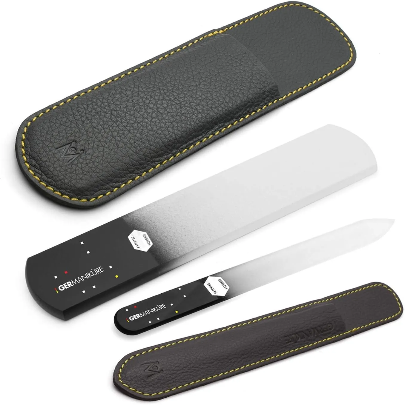 GERMANIKURE Black Glass Nail File & Pedicure Bar Set in Leather Sleeves - Ethically Made in Czech Republic - Professional Manicure & Pedicure Kit for Fingernail Care, Foot Callous & Dry Skin Removal