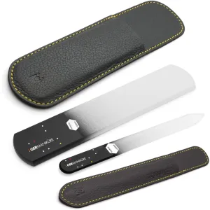 GERMANIKURE Black Glass Nail File & Pedicure Bar Set in Leather Sleeves - Ethically Made in Czech Republic - Professional Manicure & Pedicure Kit for Fingernail Care, Foot Callous & Dry Skin Removal