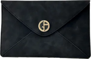 GIORGIO ARMANI LARGE BLACK GOLD SUEDE FLAP ENVELOPE Clutch Pouch Makeup Bag Fragrance Bag (LARGE 10.5L X 6H X 0.5W) - 5803